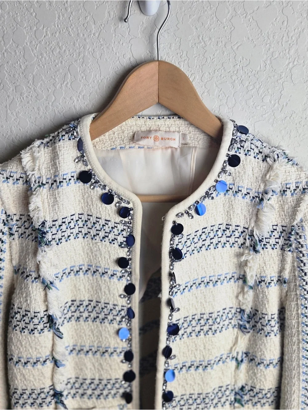 Tory Burch Abbott Jacket 2 Ivory Blue Striped Tweed Fringe Embellished Blazer